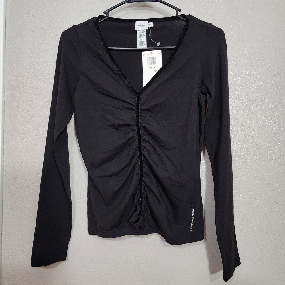 Calvin Klein Shirt Women's Size Small Black V-Neck Front Ruched Blouse